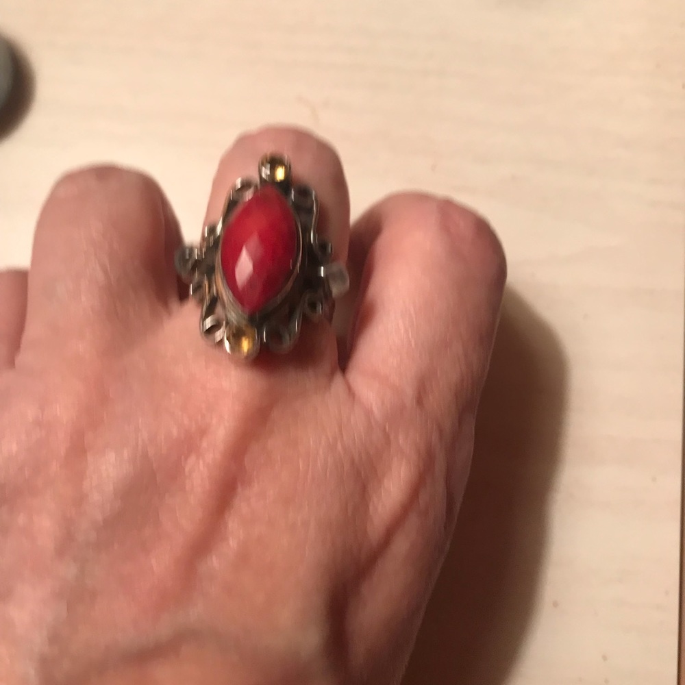 Silver Ring With Rough Cut Ruby And Two Small Cit… - image 3